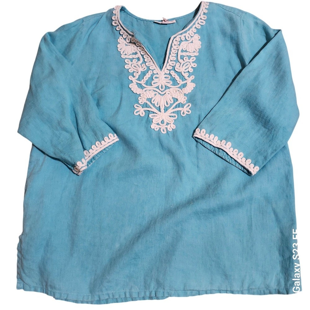 JM Collection Womens Turquoise Aqua 100% Linen Tunic Top Embroidered Size‎ 20W